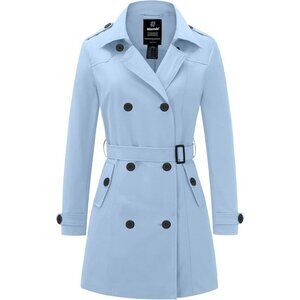 Women's Light Blue Waterproof Trench Coat with Classic Lapel and Belted Design
